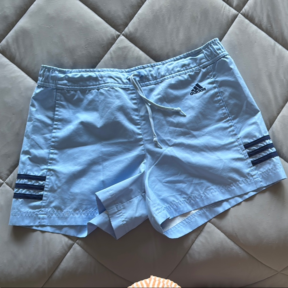 Adidas Blue Athletic Shorts with Three-Stripe Design